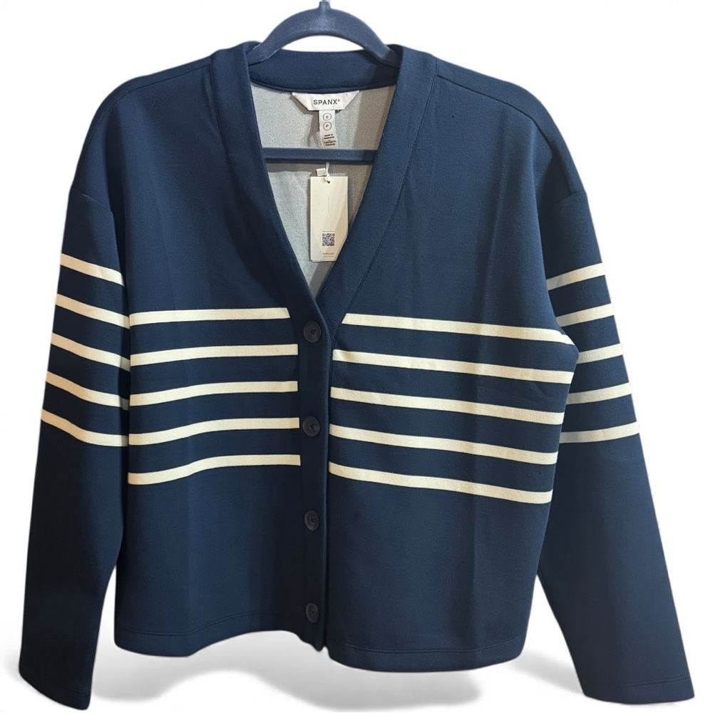 NEW SPANX AirEssentials Navy Blue White Striped Cardigan Athleisure Holiday Gift